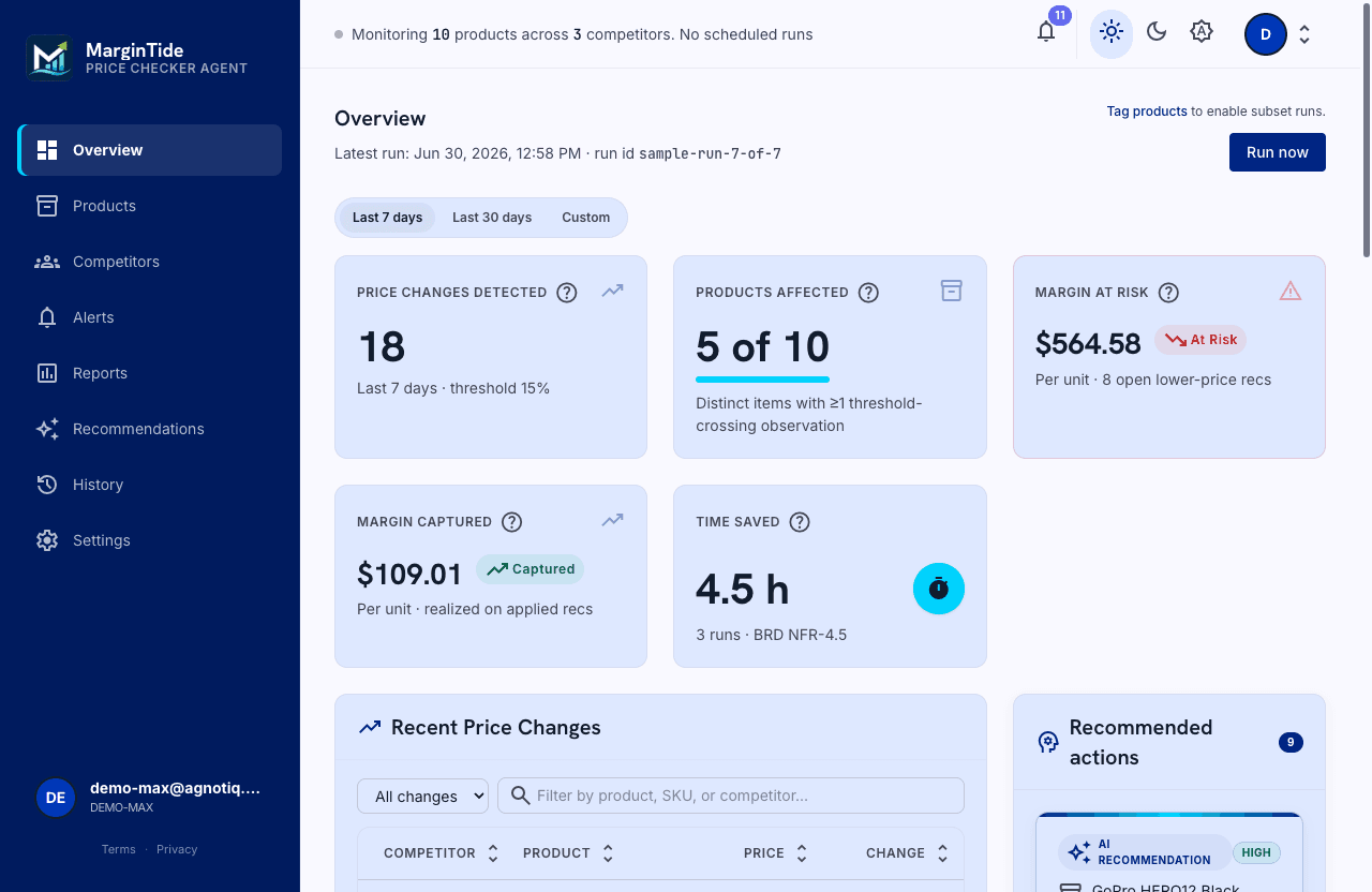 MarginTide dashboard showing detected price changes, margin at risk and recommended actions